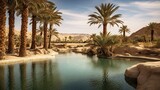  a pool surrounded by palm trees in a desert setting with blue water.  generative ai