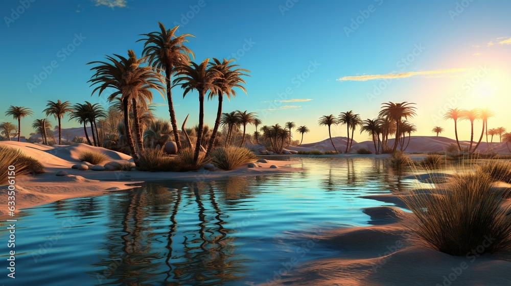  a painting of palm trees and a body of water at sunset.  generative ai