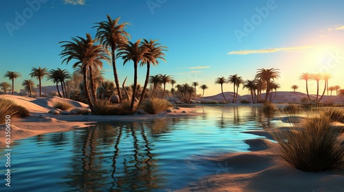  a painting of palm trees and a body of water at sunset.  generative ai © Anna
