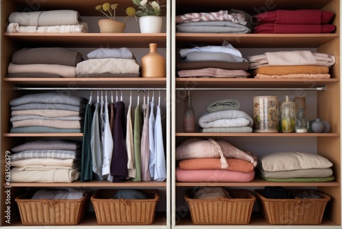 organized wardrobe shelves with folded items