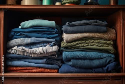 stack of folded jeans and sweaters on a shelf