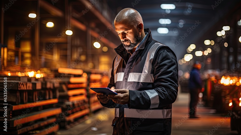 photograph of Engineer standing holding an iPad to inspect the Rolls of galvanized steel sheet inside the factory or warehouse. photograph of Engineer standing holding an iPad to inspect the Rolls of galvanized steel sheet inside the factory or warehouse.