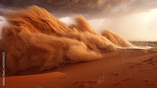  a desert scene with sand blowing in the wind and storm clouds. generative ai