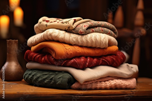 sweaters folded in piles on a cozy wooden table
