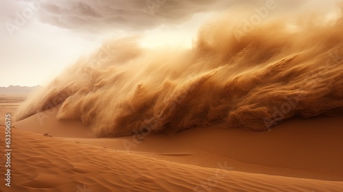  a large wave of sand blowing over a sandy beach in the desert. generative ai