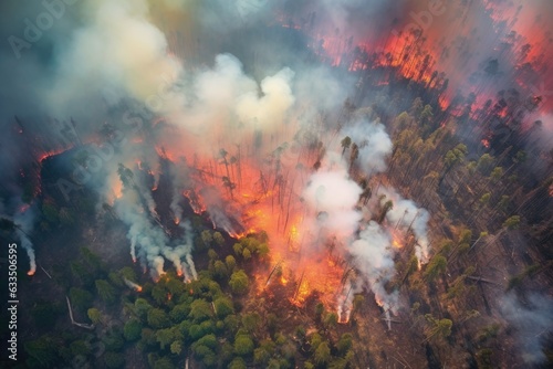 aerial view of blazing forest fire and thick smoke