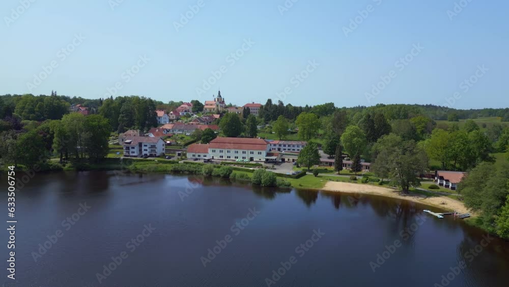 Majestic aerial view flight drone Czech village Lake Summer Paradise city town Majestic aerial view flight drone Czech village Lake Summer Paradise city town