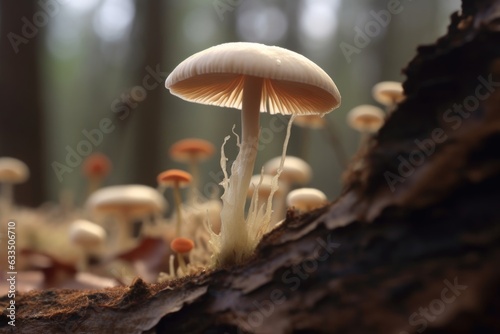 macro view of mushroom cap releasing spores in the wind