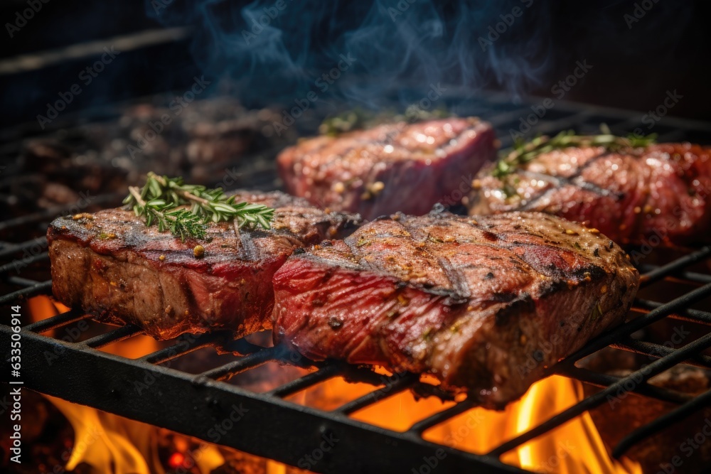close-up of charcoal grill with sizzling steaks close-up of charcoal grill with sizzling steaks