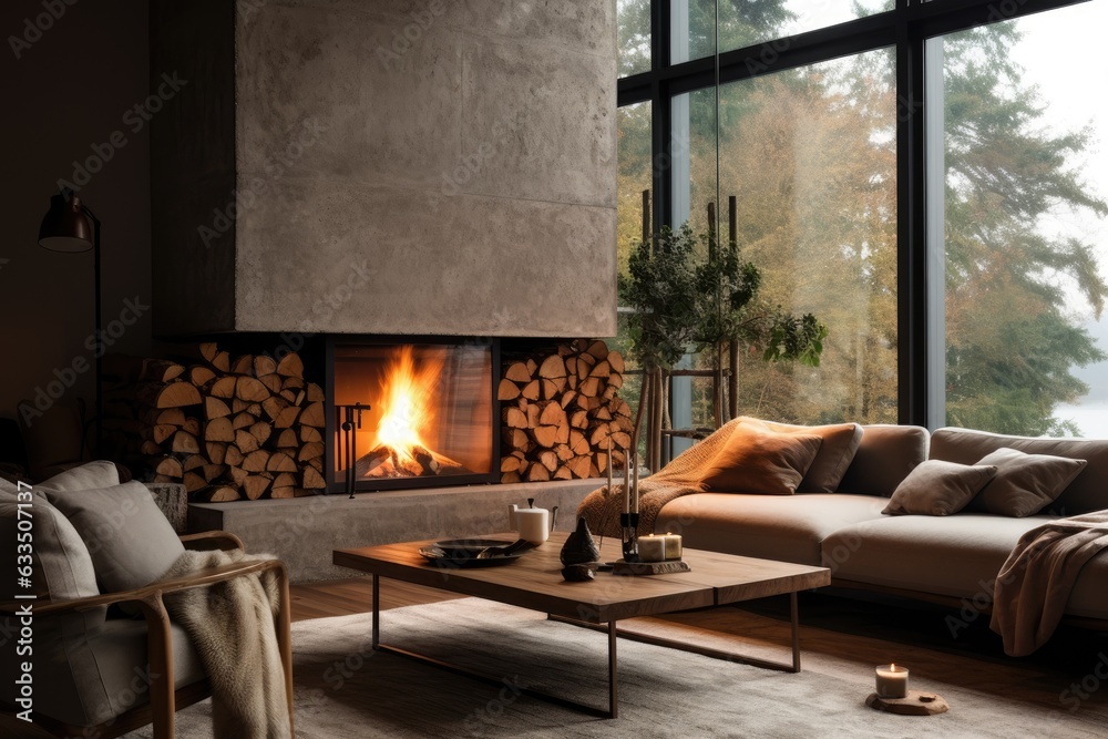 A fireplace with a fire at home creates a cozy atmosphere in a comfortable living room. The fireplace features a metal fireside topped with log wood, enclosed behind a glass door. This modern interior - obrazy, fototapety, plakaty 