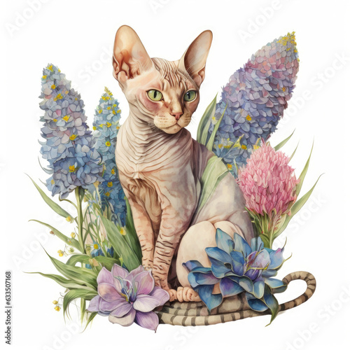 Oriental cat breed with flowers on white background Generative AI photo