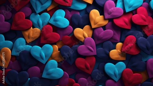 Vibrant multi colored hearts arranged together in background, happy anniversary wallpaper with copy space for text
