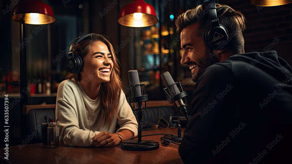 photograph of Two young women record podcast and laugh.generative ai