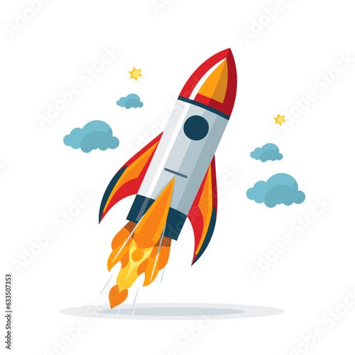 Space rocket with flame takes off, on white background, rocket vector, rocket logo, rocket icon, rocket sticker	