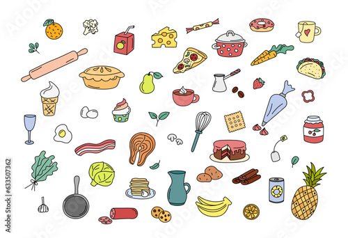 Cooking doodles, kitchen elements vector set. Cute colorful doodle illustrations collection of utensils, kitchenware, food, meal ingredients. Outline fruits, vegetables, bakery, cookware