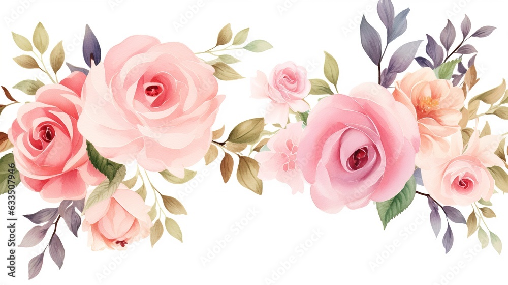 Delicate rose flowers watercolor painting on white background