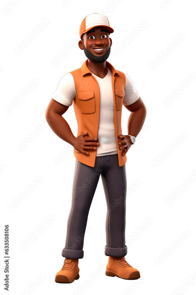 African American 3D cartoon style man full body shot on white transparent background African American 3D cartoon style man full body shot on white transparent background