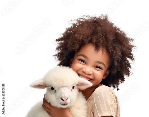 Front view of African American girl embracing baby lamb on white transparent background