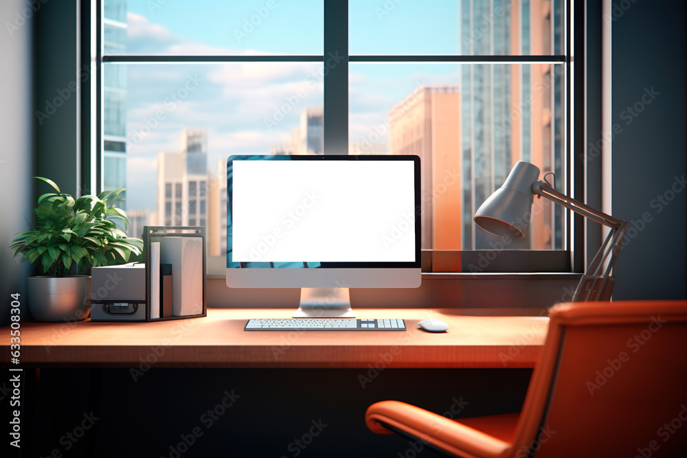Fototapeta premium Front view of desk office with computer screen with transparent background with copy space