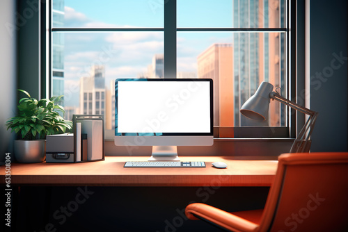 Front view of desk office with computer screen with transparent background with copy space