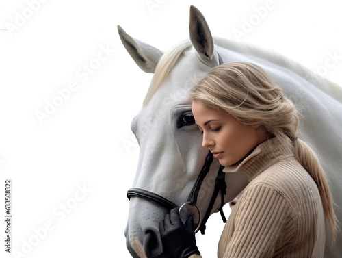 Woman equestrian rider with her white horse on isolated transparent background