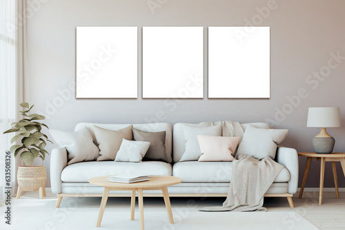 Aesthetic modern living room with Nordic style and canvas triptych in transparent for copy space