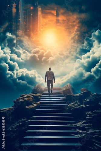 businessman climbing a stair to the sky as symbol for freedom or success