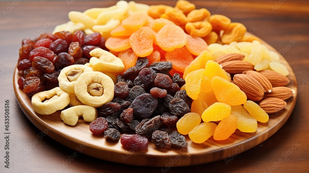 a plate of dried fruits and nuts on a wooden table. generative ai a plate of dried fruits and nuts on a wooden table. generative ai