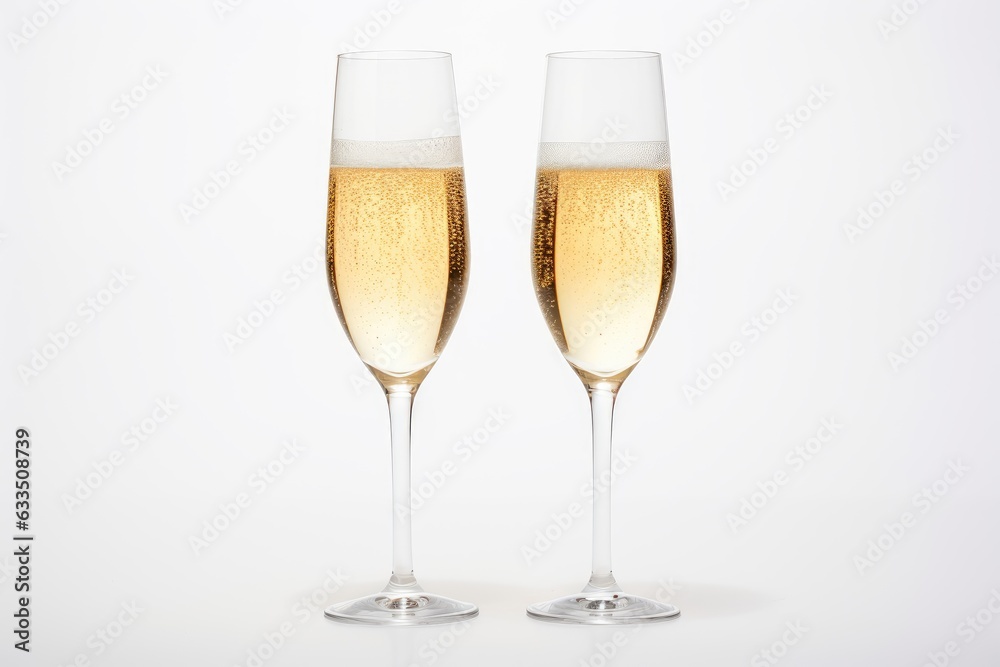 Two flutes of champagne on a white background.