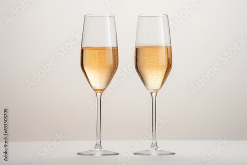 Two flutes of champagne on a white background.