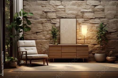 A rendered illustration Mockup Ofn interior space featuring a dresser, lounge chair, stone wall panel, lamps, backlight, plants, and decorative elements. photo