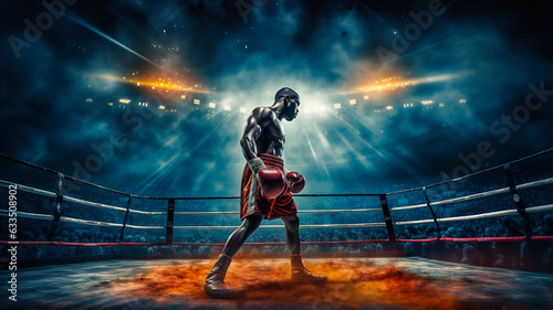 Boxing match concept.Afro fighter wearing a red boxing gloves in a dark boxing ring with smoke and lights as a background.