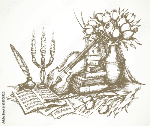 Still life with a violin. Vector drawing