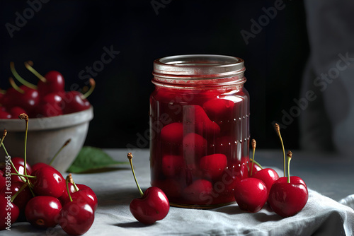 Valokuvatapetti Homemade cherry preserves or jam in a glass jar surrounded by fresh cherries