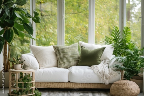 White couch in living room with sunlight and plants.