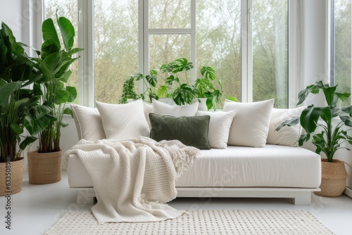 White couch in living room with sunlight and plants.