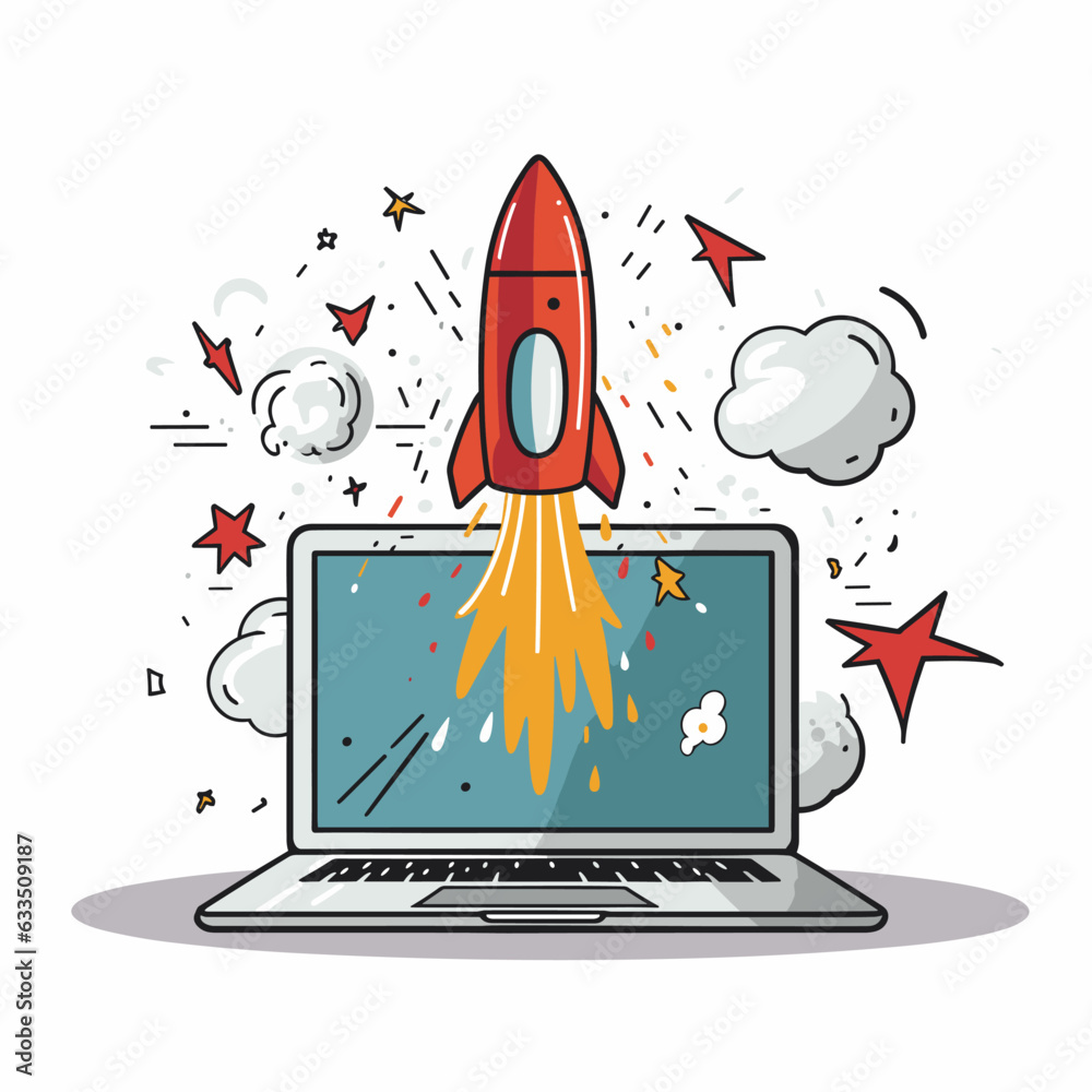 Space rocket with flame takes off from laptop, on white background, rocket vector, rocket logo, rocket icon, rocket sticker Space rocket with flame takes off from laptop, on white background, rocket vector, rocket logo, rocket icon, rocket sticker