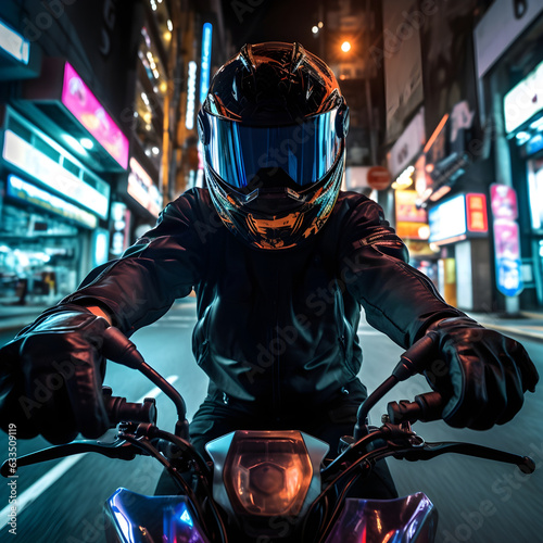 Biker riding through the city at night.