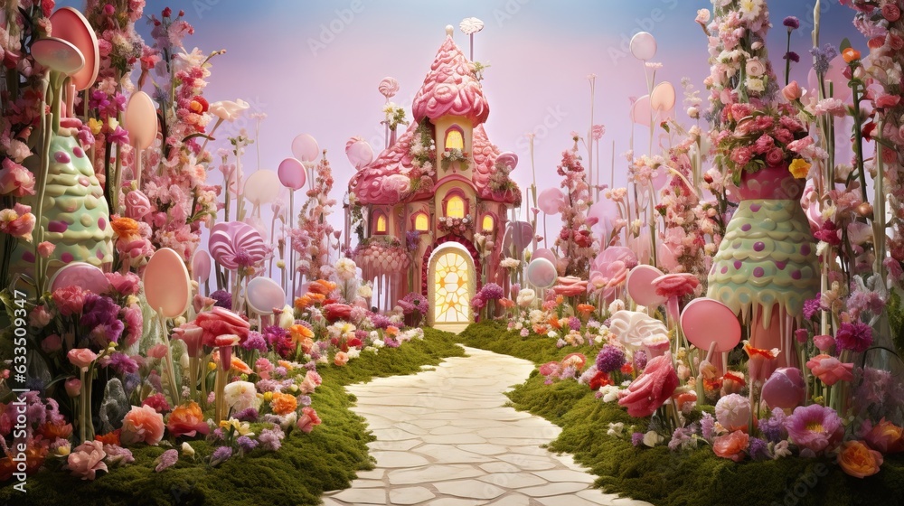  a fairy land with a pink castle surrounded by flowers and trees.  generative ai