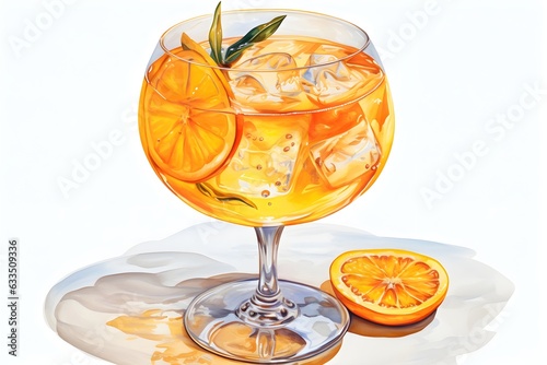 Watercolor cocktail with orange in the glass on the table slice. It can be used for menu, card, postcard, banner