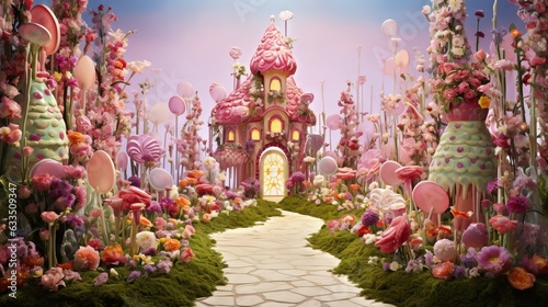  a fairy land with a pink castle surrounded by flowers and trees. generative ai