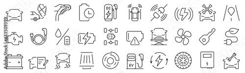 Simple Set of 30 line icons Automotive Services. car service, auto repair and transport, oil, filter, steering wheel.