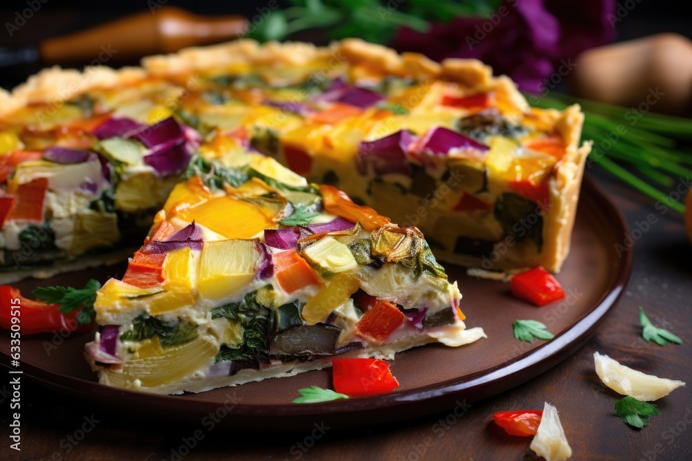 sliced veggie quiche with colorful vegetables inside sliced veggie quiche with colorful vegetables inside