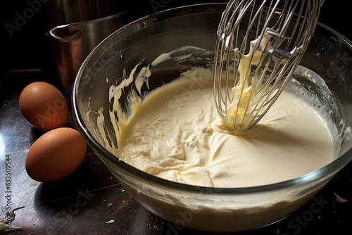 whisking eggs and milk in a bowl for quiche mixture