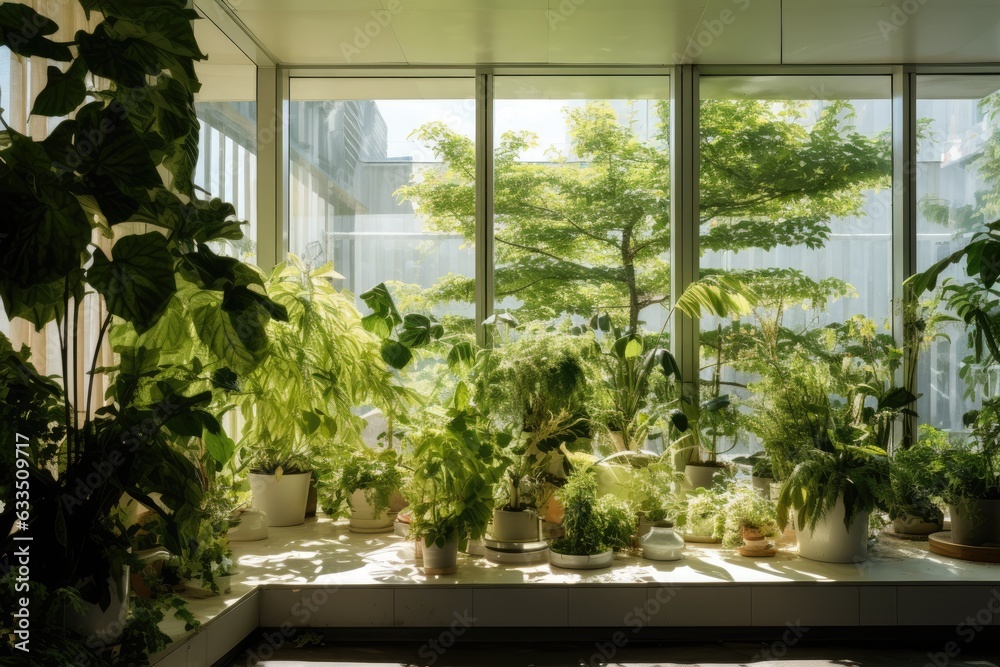 A section of the indoor space features green plants placed near a window covered with a semitransparent white curtain. A section of the indoor space features green plants placed near a window covered with a semitransparent white curtain.
