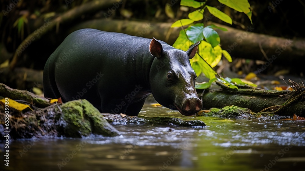 Fototapeta premium a hippopotamus standing in a stream in the jungle. generative ai