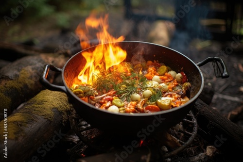 a rustic pot of soup sitting on an outdoor campfire