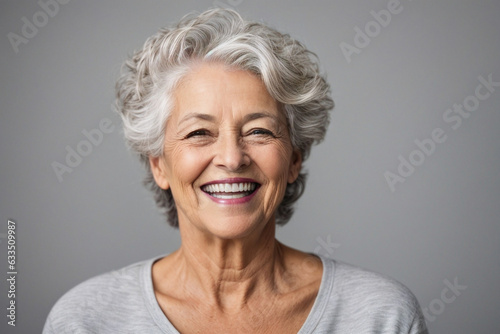 a closeup photo portrait of a beautiful elderly senior model woman with grey hair laughing and smiling with clean teeth. Image created using artificial intelligence.