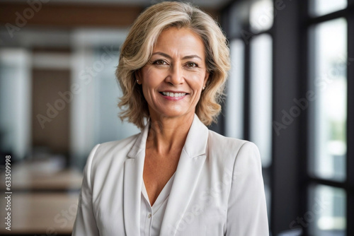 a closeup photo portrait of happy middle aged business woman ceo standing in office. Image created using artificial intelligence.