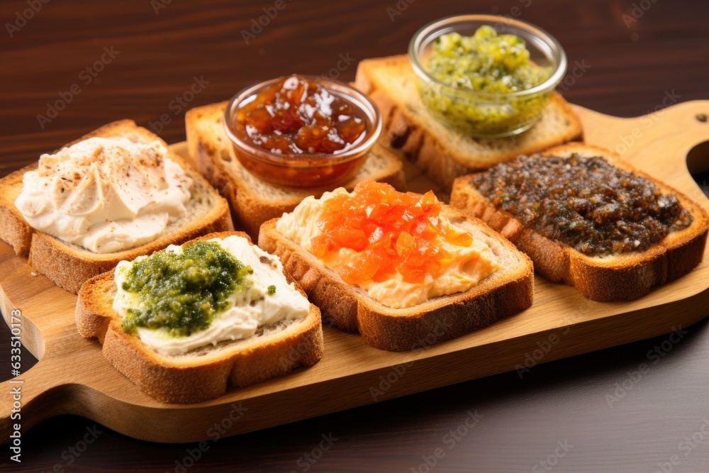 toast with various spreads on wooden board toast with various spreads on wooden board